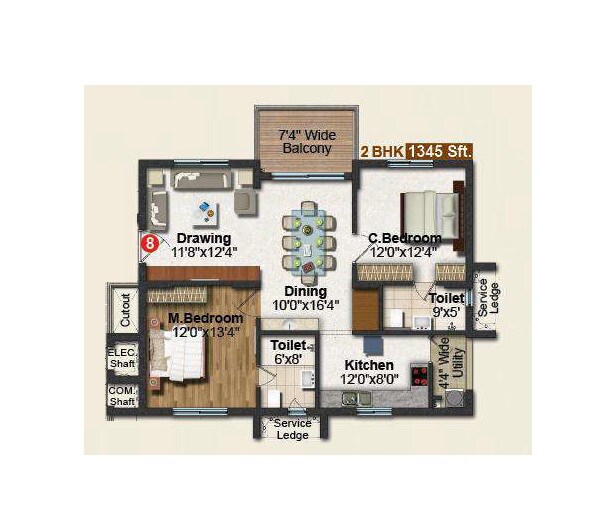 Floor plan of 2 BHK 1345 Sq. Ft. Apartment in Frontline Seven, Hyderabad
