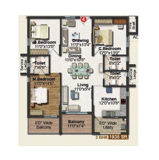 Floor plan of 3 BHK 1935 Sq. Ft. Apartment in Frontline Seven, Hyderabad