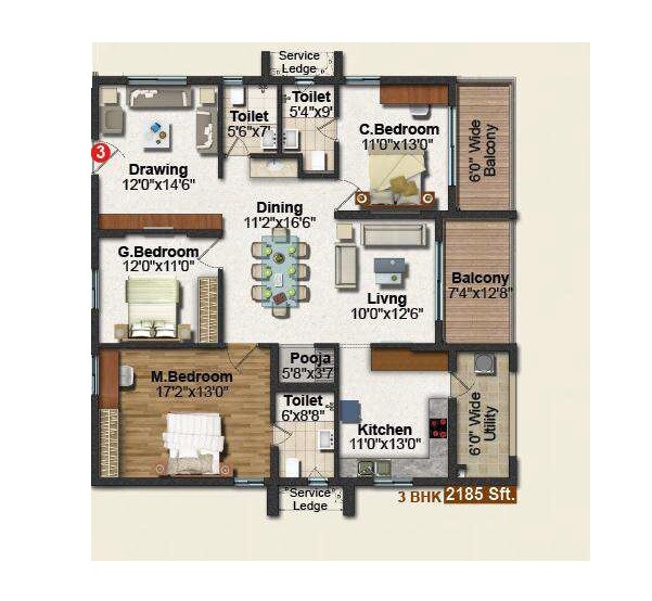 Floor plan of 3 BHK 2185 Sq. Ft. Apartment in Frontline Seven, Hyderabad