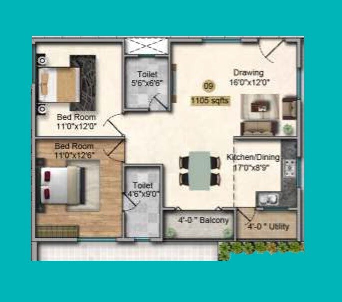 Floor plan of 2 BHK 1105 Sq. Ft. Apartment in Futnani Towers, Hyderabad