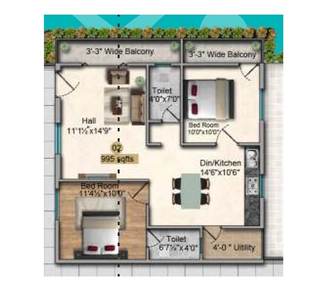 Floor plan of 2 BHK 995 Sq. Ft. Apartment in Futnani Towers, Hyderabad