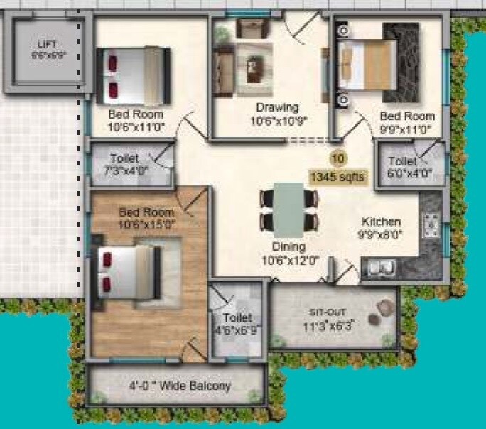Floor plan of 3 BHK 1345 Sq. Ft. Apartment in Futnani Towers, Hyderabad