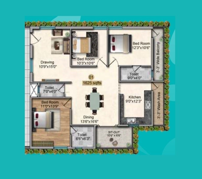 Floor plan of 3 BHK 1625 Sq. Ft. Apartment in Futnani Towers, Hyderabad