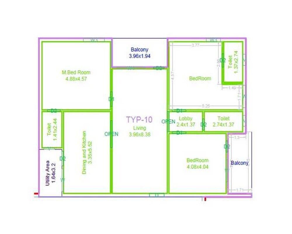Floor plan of 2 BHK 1325 Sq. Ft. Apartment in Fuzen Golden Irish, Hyderabad