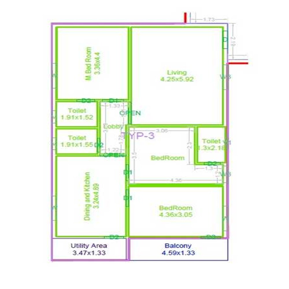 Floor plan of 3 BHK 2235 Sq. Ft. Apartment in Fuzen Golden Irish, Hyderabad