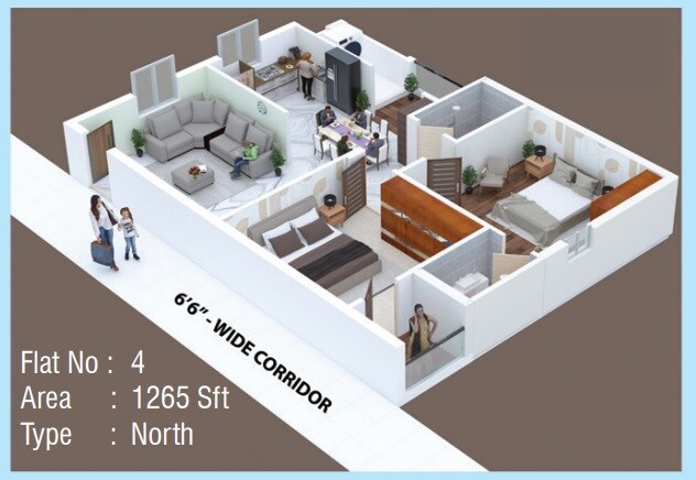 Floor plan of 2 BHK 1265 Sq. Ft. Apartment in Fuzen Golden Rise, Hyderabad