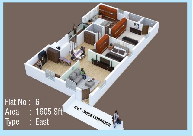 Floor plan of 3 BHK 1605 Sq. Ft. Apartment in Fuzen Golden Rise, Hyderabad