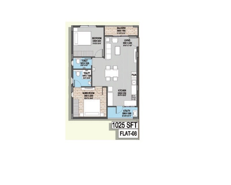 Floor plan of 2 BHK 1025 Sq. Ft. Apartment in Fuzen Park Edge, Hyderabad