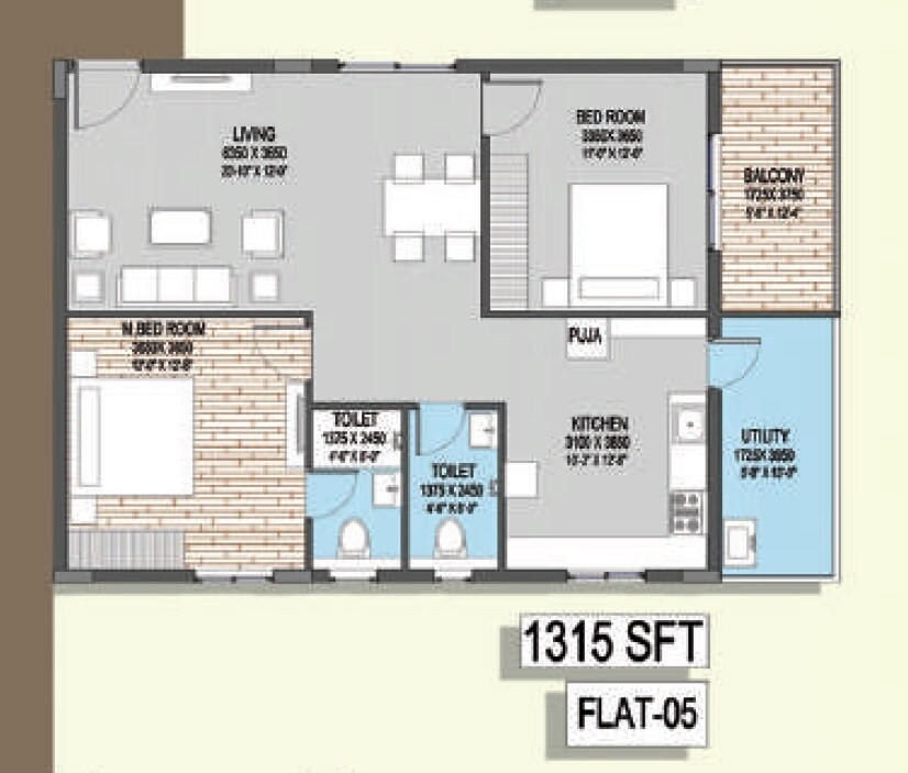 Floor plan of 2 BHK 1315 Sq. Ft. Apartment in Fuzen Park Edge, Hyderabad
