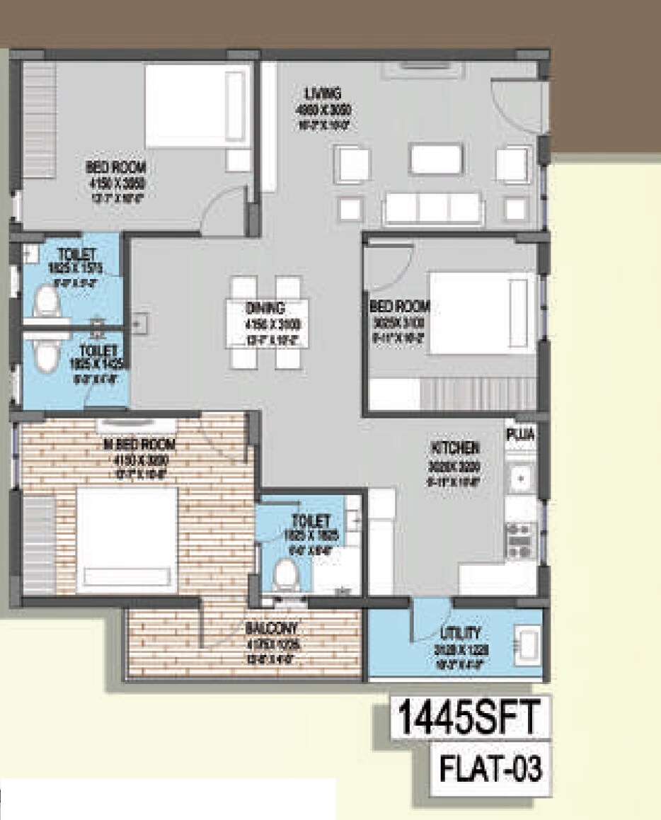 Floor plan of 3 BHK 1445 Sq. Ft. Apartment in Fuzen Park Edge, Hyderabad