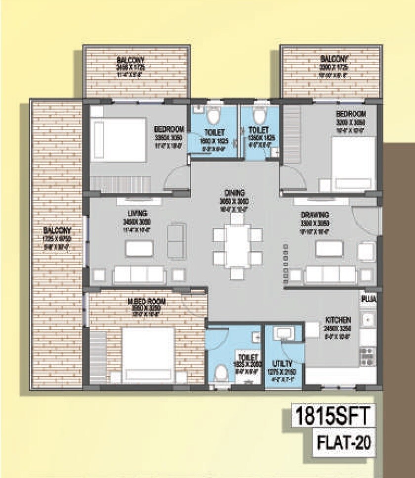 Floor plan of 3 BHK 1815 Sq. Ft. Apartment in Fuzen Park Edge, Hyderabad