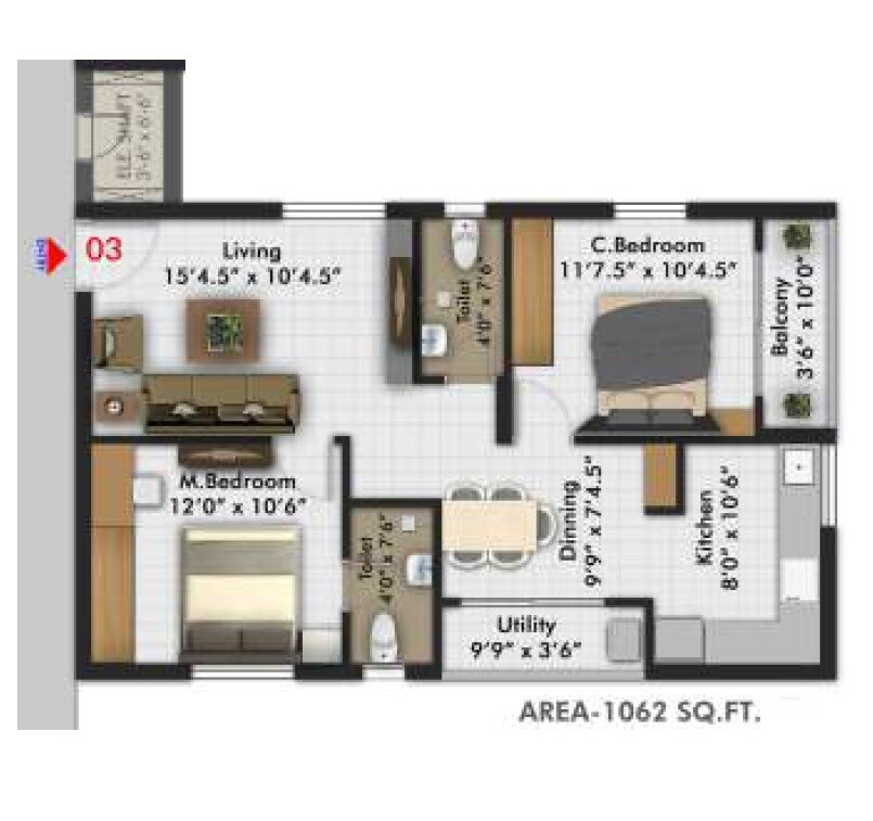 Floor plan of 2 BHK 1062 Sq. Ft. Apartment in Gahan Orchid, Hyderabad