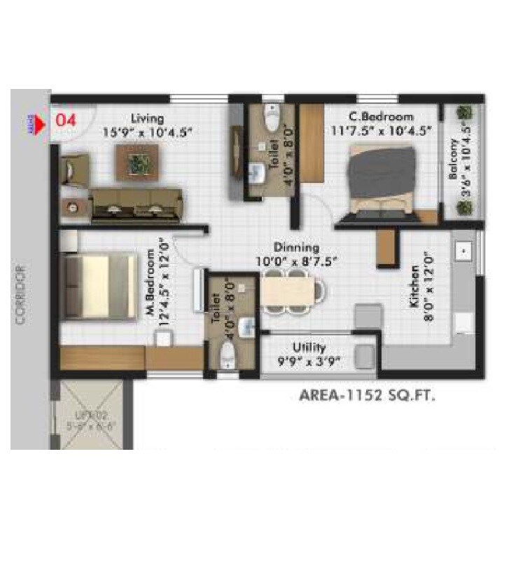 Floor plan of 2 BHK 1152 Sq. Ft. Apartment in Gahan Orchid, Hyderabad