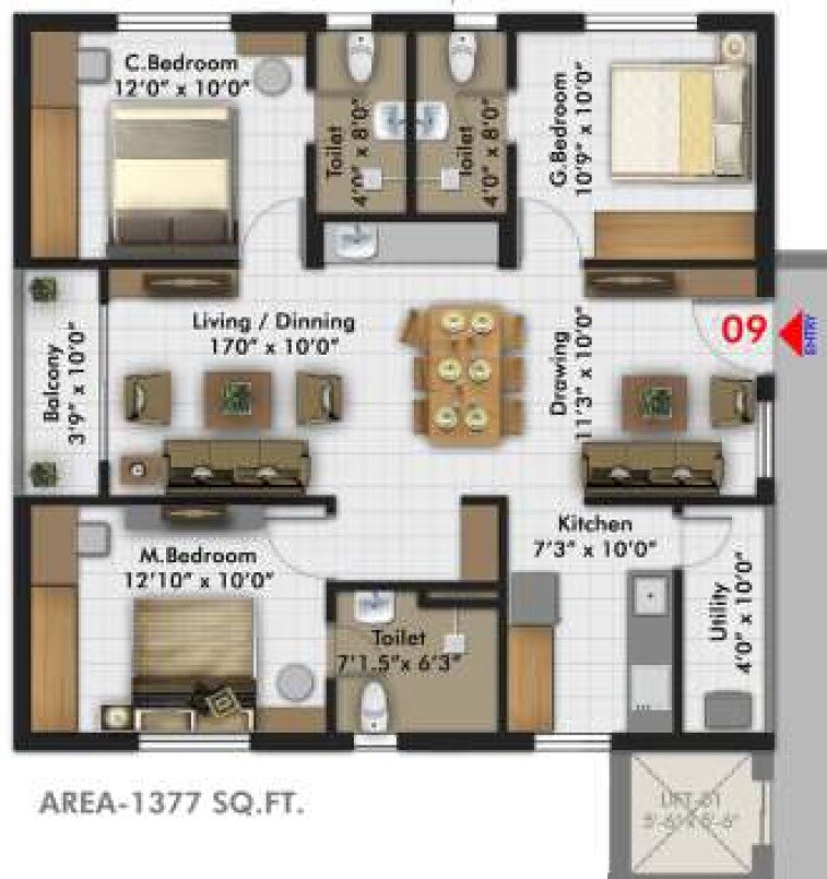 Floor plan of 3 BHK 1377 Sq. Ft. Apartment in Gahan Orchid, Hyderabad