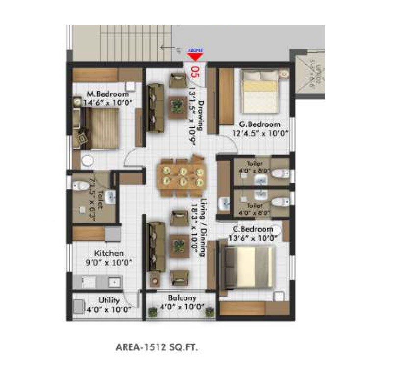 Floor plan of 3 BHK 1512 Sq. Ft. Apartment in Gahan Orchid, Hyderabad