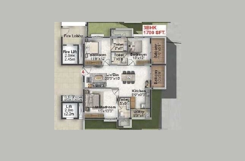 Floor plan of 3 BHK 1700 Sq. Ft. Apartment in Gamut Saraa City, Hyderabad