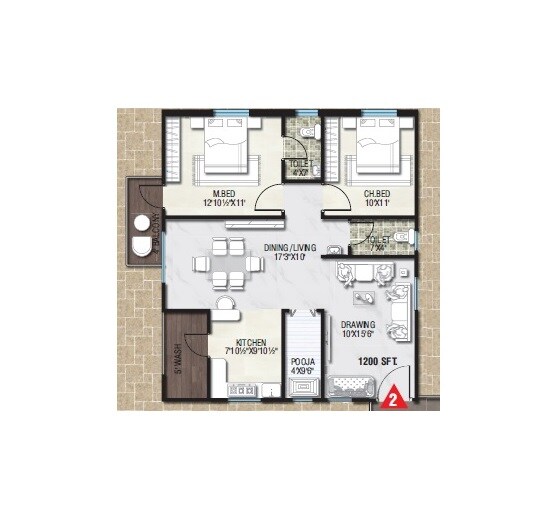 Floor plan of 2 BHK 1200 Sq. Ft. Apartment in Gamut Vasavi Meher Nivas, Hyderabad