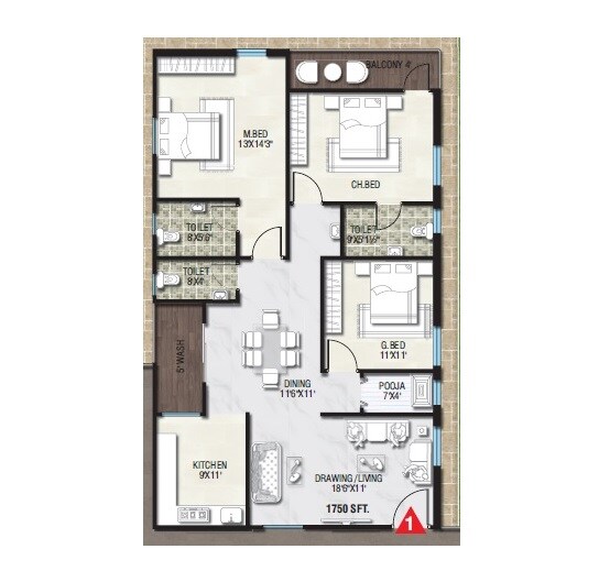 Floor plan of 3 BHK 1750 Sq. Ft. Apartment in Gamut Vasavi Meher Nivas, Hyderabad