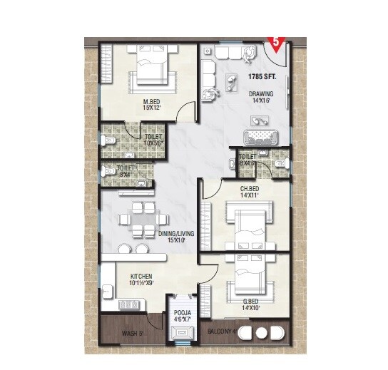 Floor plan of 3 BHK 1785 Sq. Ft. Apartment in Gamut Vasavi Meher Nivas, Hyderabad