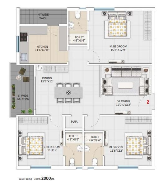 Floor plan of 3 BHK 2000 Sq. Ft. Apartment in Gangothri Nakshatra Capital, Hyderabad
