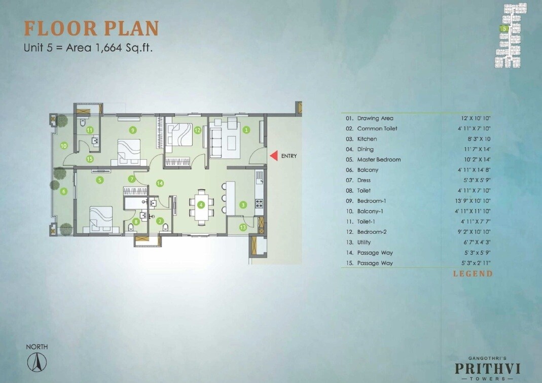 Floor plan of 3 BHK 1664 Sq. Ft. Apartment in Gangothri Prithvi Towers, Hyderabad