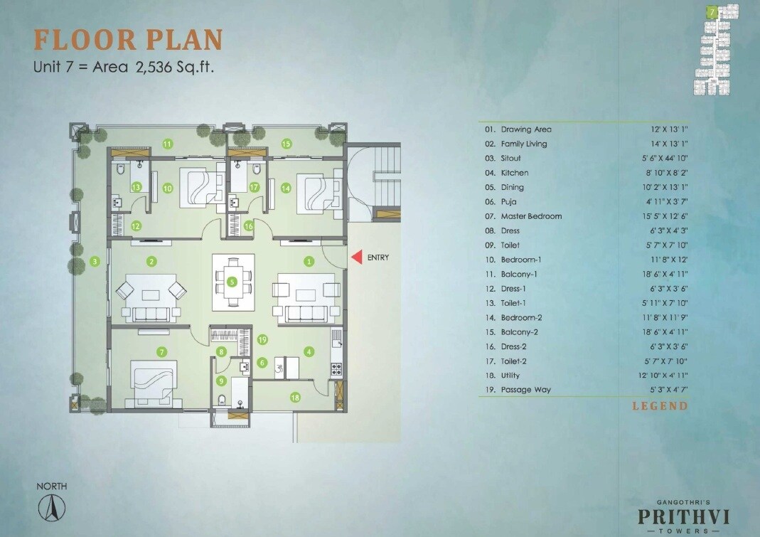 Floor plan of 3 BHK 2536 Sq. Ft. Apartment in Gangothri Prithvi Towers, Hyderabad