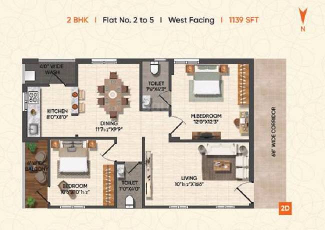 Floor plan of 2 BHK 1139 Sq. Ft. Apartment in Garuda Grandeur, Hyderabad