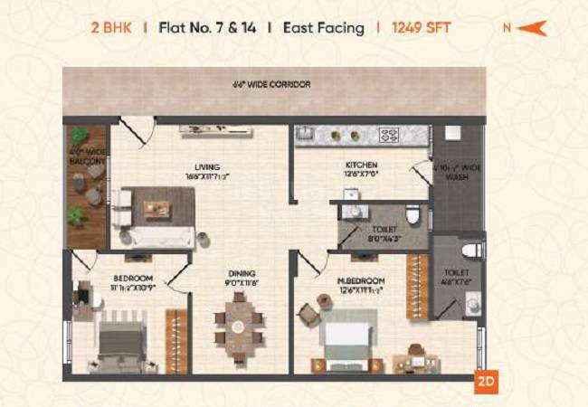 Floor plan of 2 BHK 1249 Sq. Ft. Apartment in Garuda Grandeur, Hyderabad