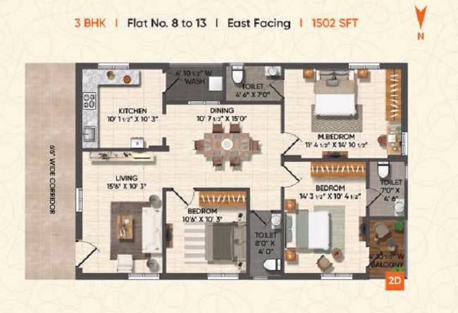 Floor plan of 3 BHK 1502 Sq. Ft. Apartment in Garuda Grandeur, Hyderabad