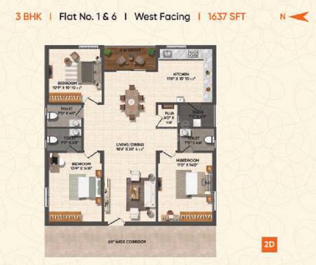 Floor plan of 3 BHK 1637 Sq. Ft. Apartment in Garuda Grandeur, Hyderabad