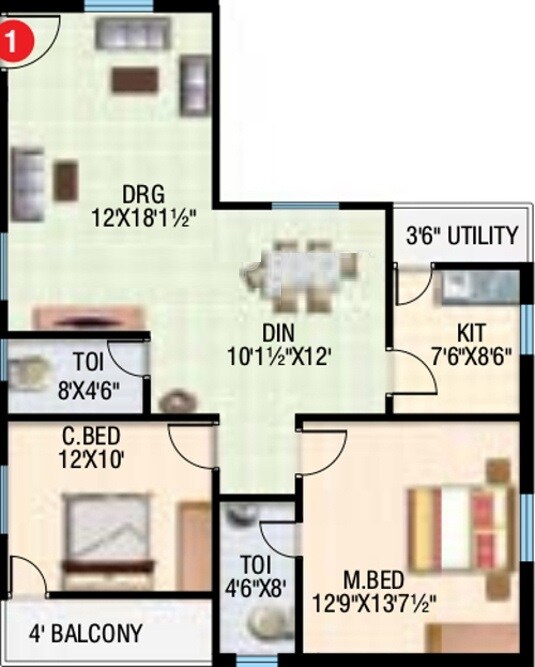 Floor plan of 2 BHK 1245 Sq. Ft. Apartment in Gayathri Classic, Hyderabad