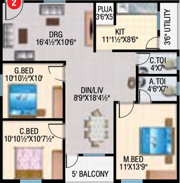 Floor plan of 3 BHK 1335 Sq. Ft. Apartment in Gayathri Classic, Hyderabad