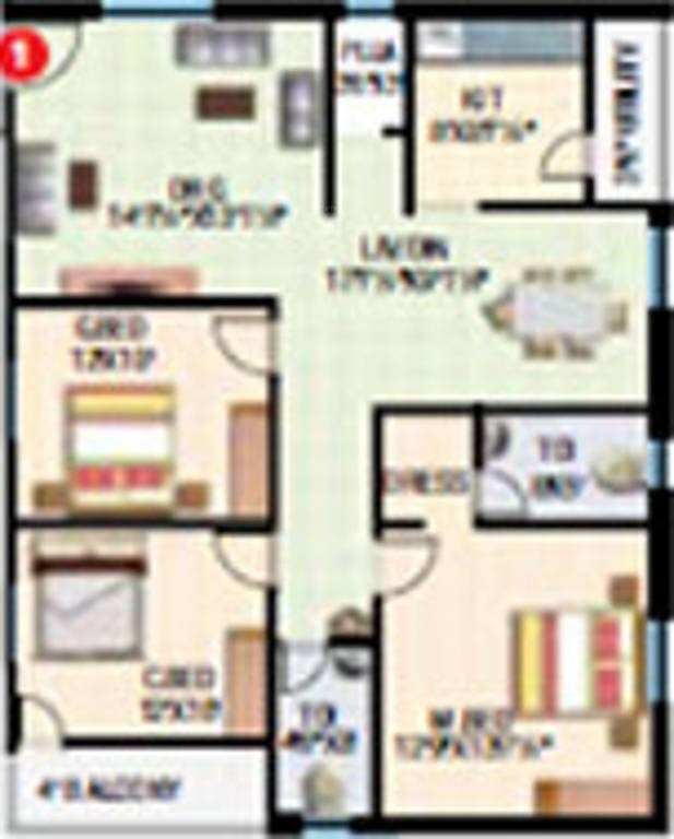 Floor plan of 3 BHK 1517 Sq. Ft. Apartment in Gayathri Classic, Hyderabad