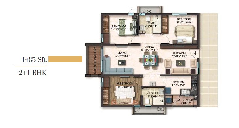 Floor plan of 3 BHK 1485 Sq. Ft. Apartment in Gem Nakshatra, Hyderabad