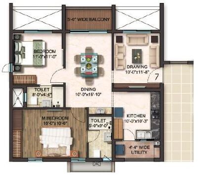 Floor plan of 2 BHK 1295 Sq. Ft. Apartment in Gem Nakshatra, Hyderabad