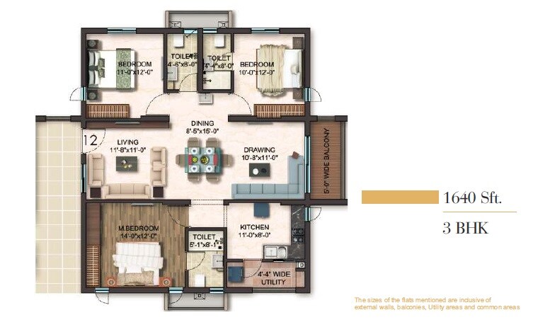 Floor plan of 3 BHK 1640 Sq. Ft. Apartment in Gem Nakshatra, Hyderabad
