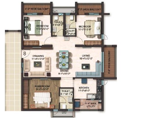 Floor plan of 3 BHK 1820 Sq. Ft. Apartment in Gem Nakshatra, Hyderabad
