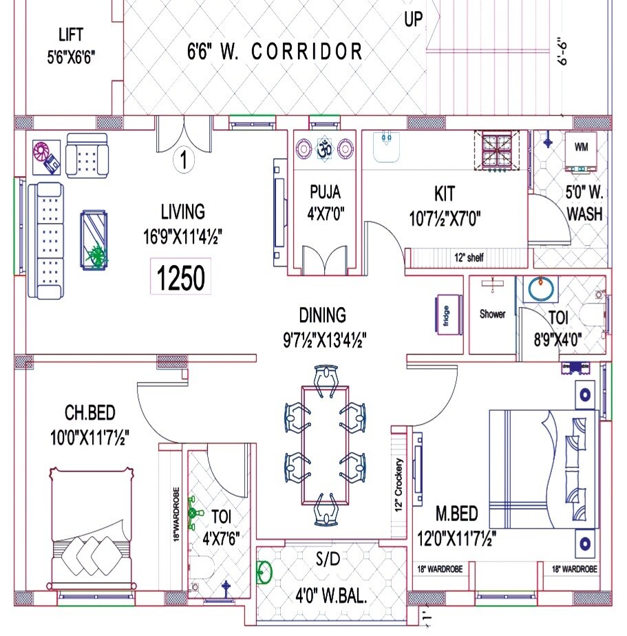 Floor plan of 2 BHK 1250 Sq. Ft. Apartment in GGK Emerald, Hyderabad