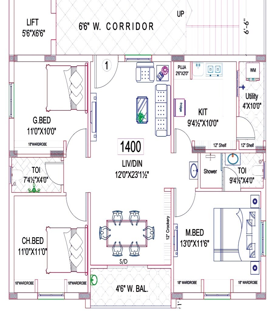 Floor plan of 3 BHK 1400 Sq. Ft. Apartment in GGK Emerald, Hyderabad