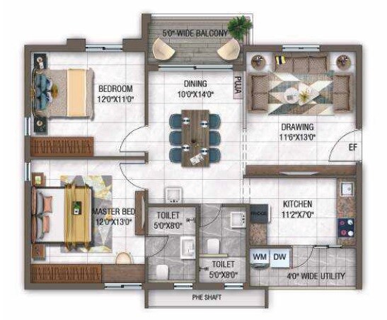Floor plan of 2 BHK 1195 Sq. Ft. Apartment in GHR Callisto, Hyderabad