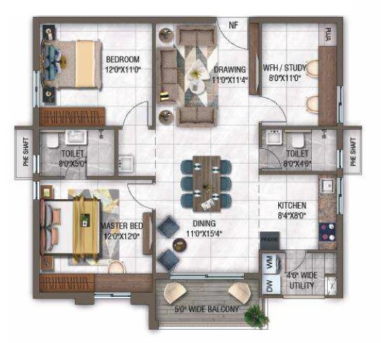 Floor plan of 2 BHK 1295 Sq. Ft. Apartment in GHR Callisto, Hyderabad