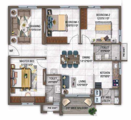 Floor plan of 3 BHK 1430 Sq. Ft. Apartment in GHR Callisto, Hyderabad