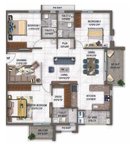 Floor plan of 3 BHK 1915 Sq. Ft. Apartment in GHR Callisto, Hyderabad