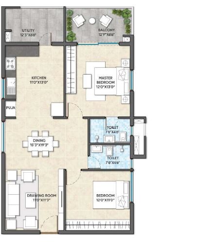 Floor plan of 2 BHK 1270 Sq. Ft. Apartment in GHR Titania, Hyderabad