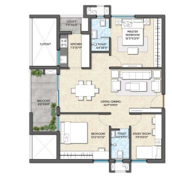 Floor plan of 2 BHK 1297 Sq. Ft. Apartment in GHR Titania, Hyderabad