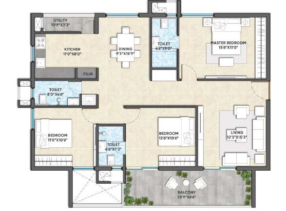 Floor plan of 3 BHK 1686 Sq. Ft. Apartment in GHR Titania, Hyderabad