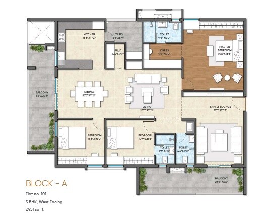 Floor plan of 3 BHK 2451 Sq. Ft. Apartment in GHR Titania, Hyderabad