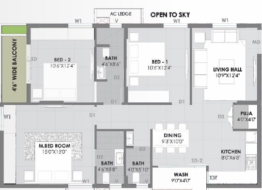 Floor plan of 3 BHK 1429 Sq. Ft. Apartment in Giridhari Vue, Hyderabad
