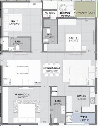 Floor plan of 3 BHK 1864 Sq. Ft. Apartment in Giridhari Vue, Hyderabad