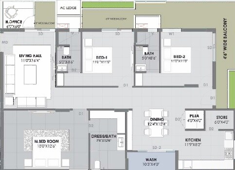 Floor plan of 3 BHK 2197 Sq. Ft. Apartment in Giridhari Vue, Hyderabad